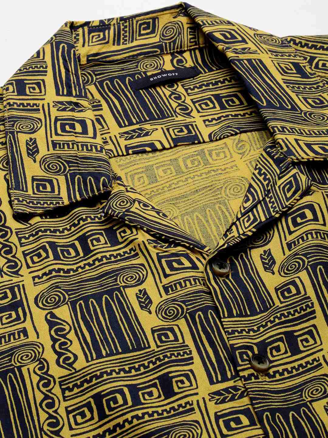 SHOWOFF Men Yellow Printed Cuban Collar Short Sleeves Casual Shirt