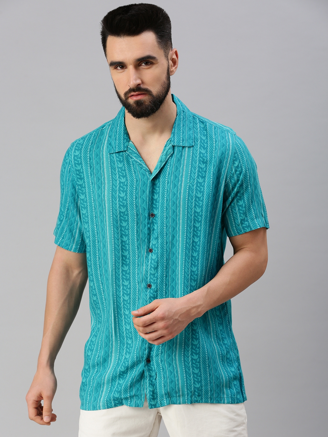 Showoff | SHOWOFF Men's Regular Sleeves Turquoise Blue Abstract Shirt 1