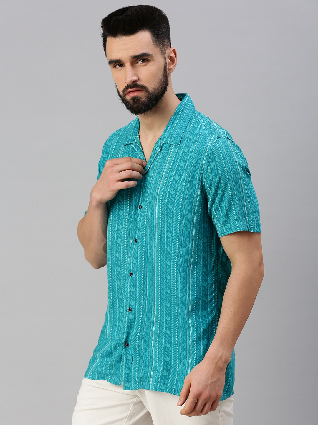 Showoff | SHOWOFF Men's Regular Sleeves Turquoise Blue Abstract Shirt 2