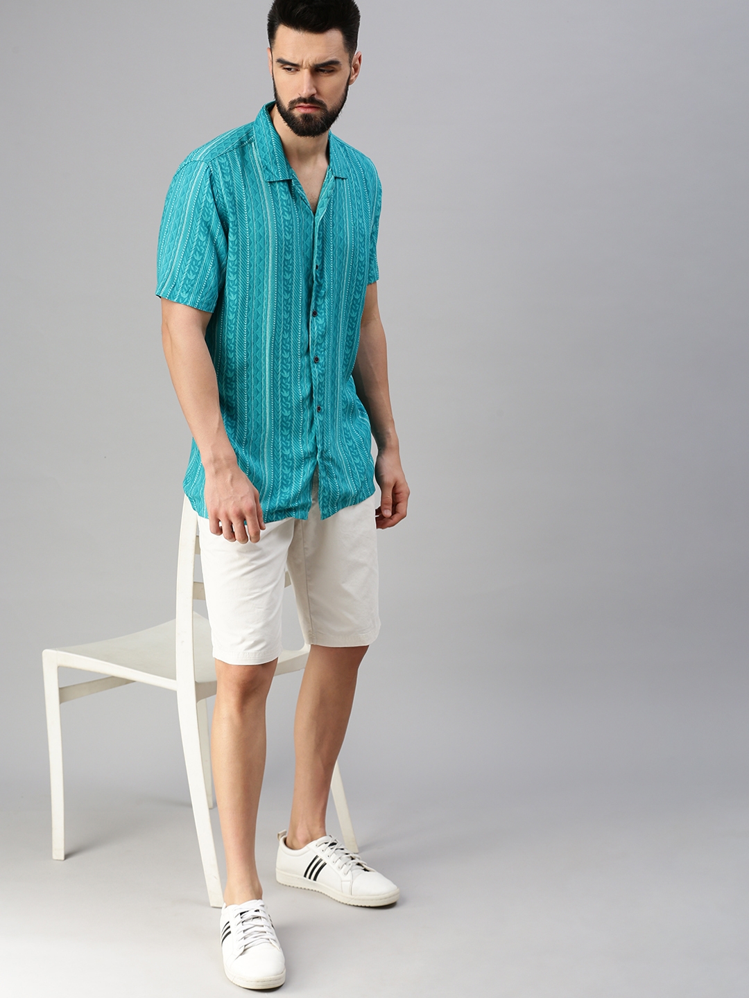 Showoff | SHOWOFF Men's Regular Sleeves Turquoise Blue Abstract Shirt 4