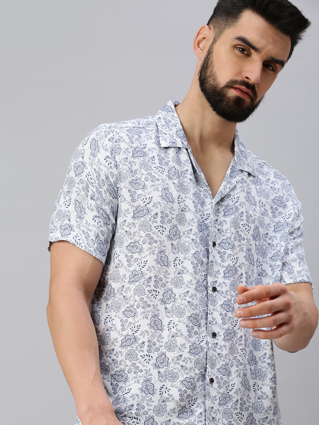 SHOWOFF Men White Printed Cuban Collar Short Sleeves Casual Shirt