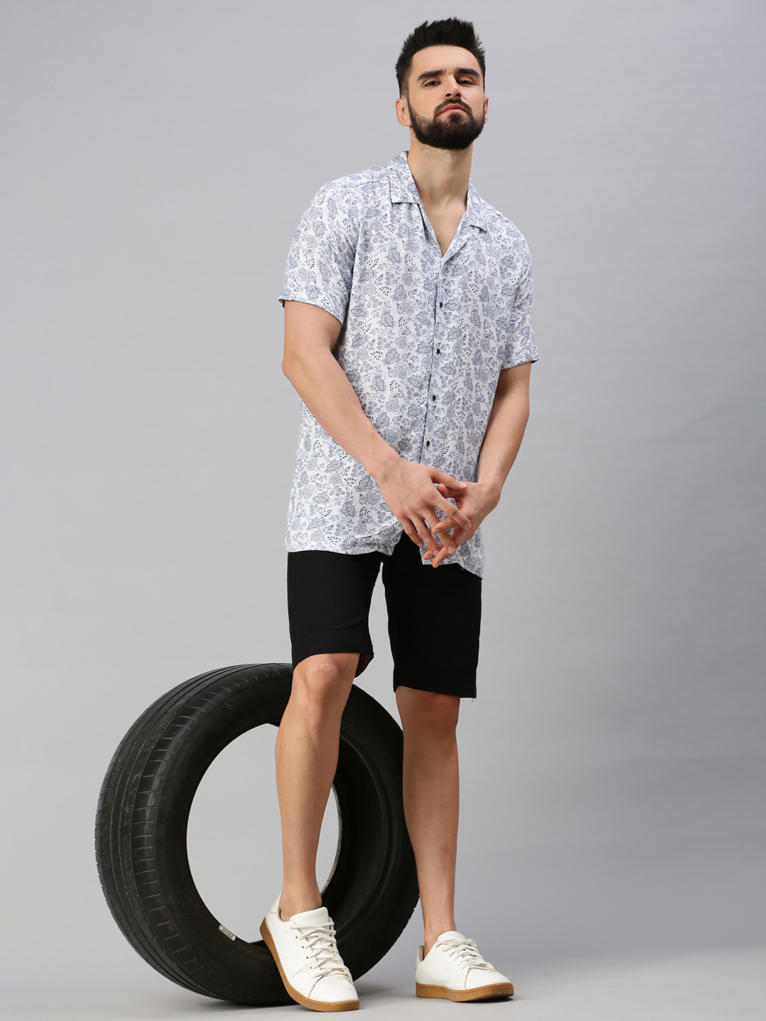 SHOWOFF Men White Printed Cuban Collar Short Sleeves Casual Shirt