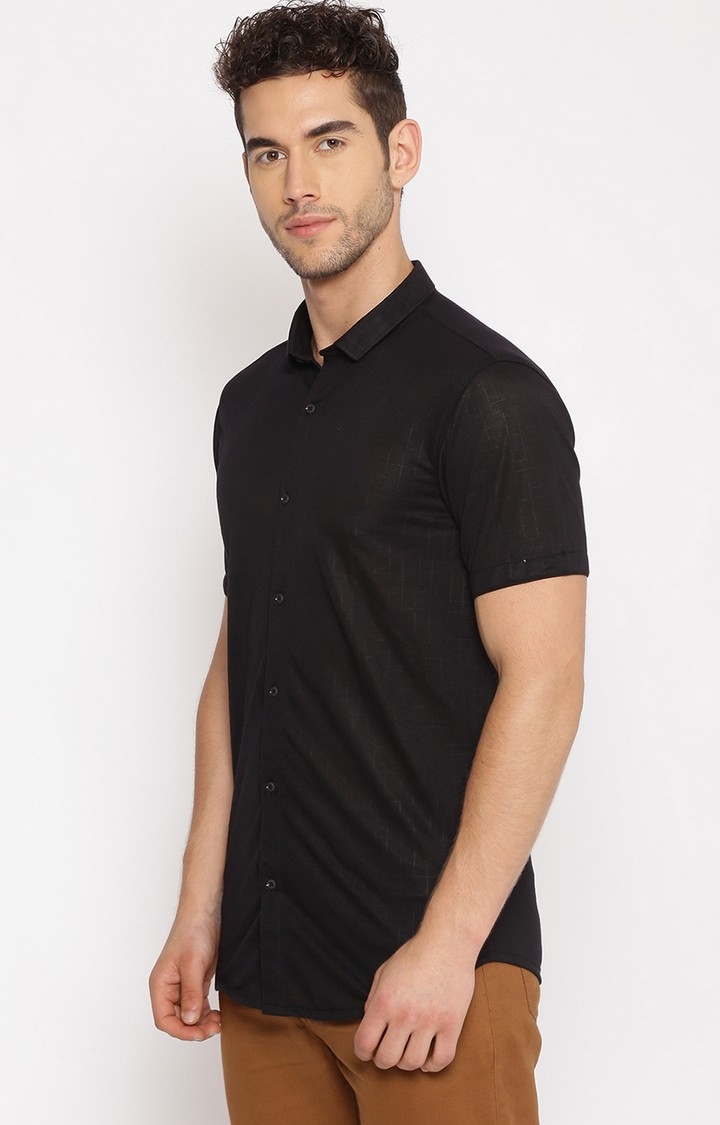 Showoff | SHOWOFF Men Black Solid Classic Collar Short Sleeves Slim Fit Casual Shirt 1
