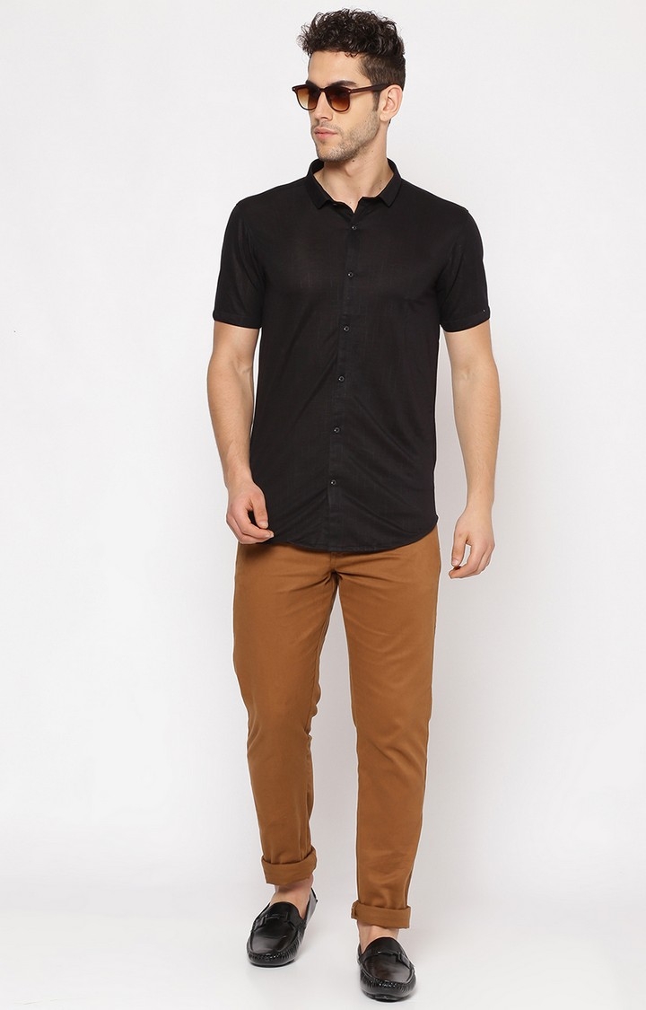 Showoff | SHOWOFF Men Black Solid Classic Collar Short Sleeves Slim Fit Casual Shirt 4
