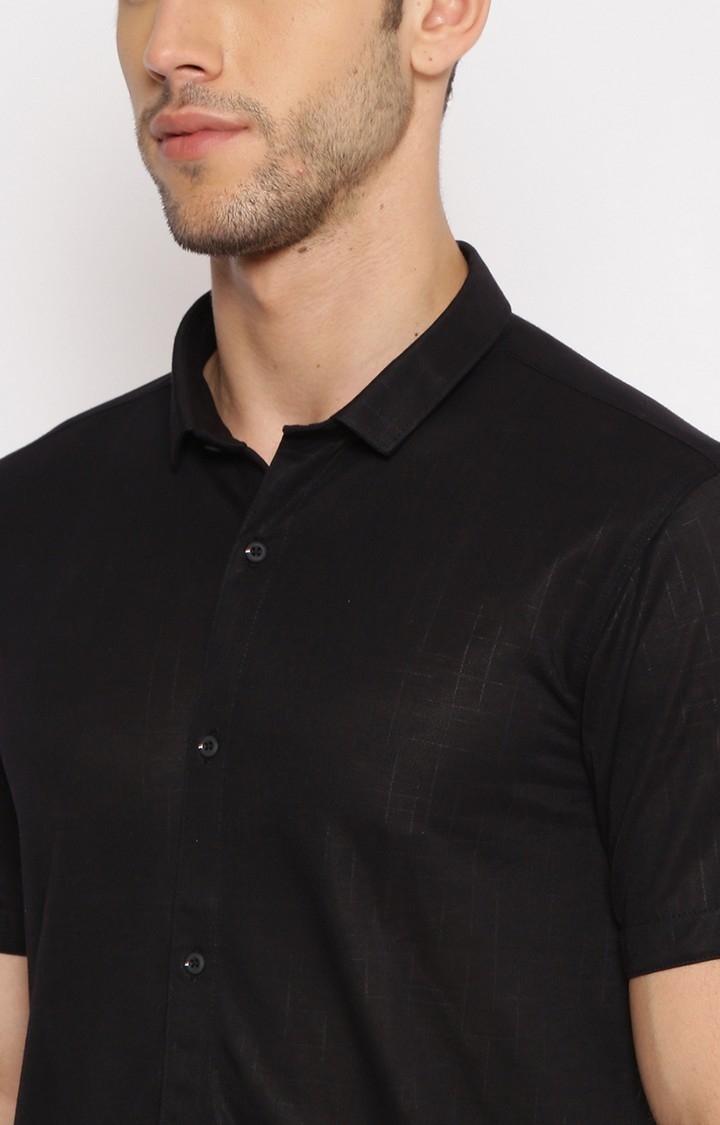 Showoff | SHOWOFF Men Black Solid Classic Collar Short Sleeves Slim Fit Casual Shirt 5