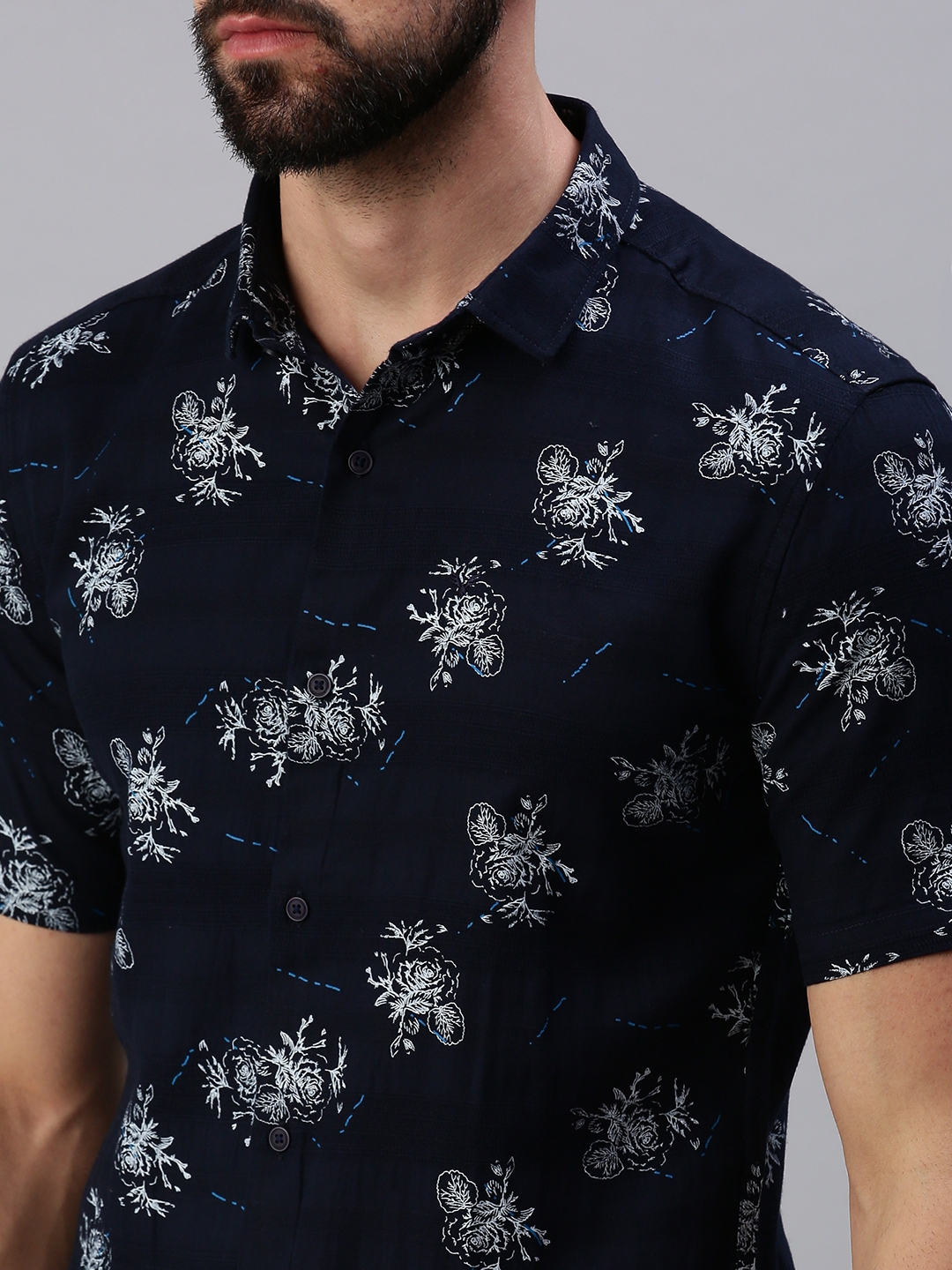 Showoff | SHOWOFF Men Navy Blue Printed Collar Short Sleeves Casual Shirt 5