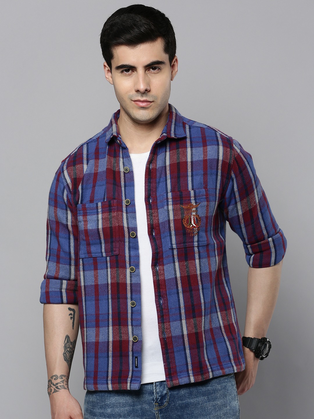 SHOWOFF Men Blue Checked Classic Collar Full Sleeves Comfort Fit Casual Shirt