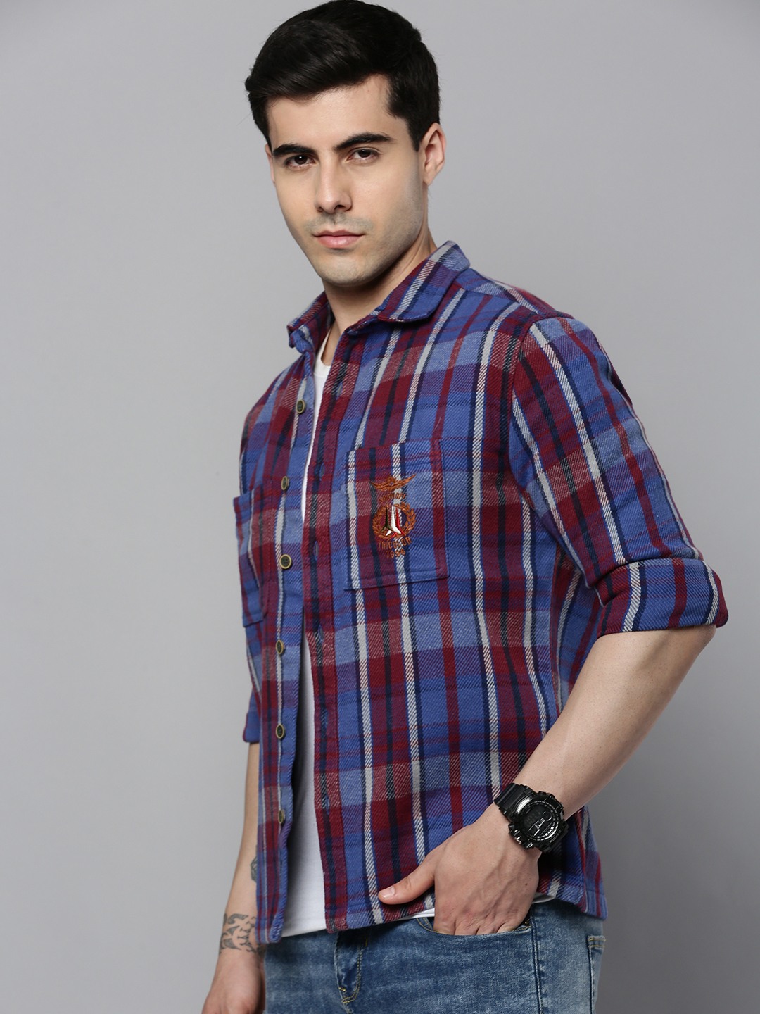 SHOWOFF Men Blue Checked Classic Collar Full Sleeves Comfort Fit Casual Shirt