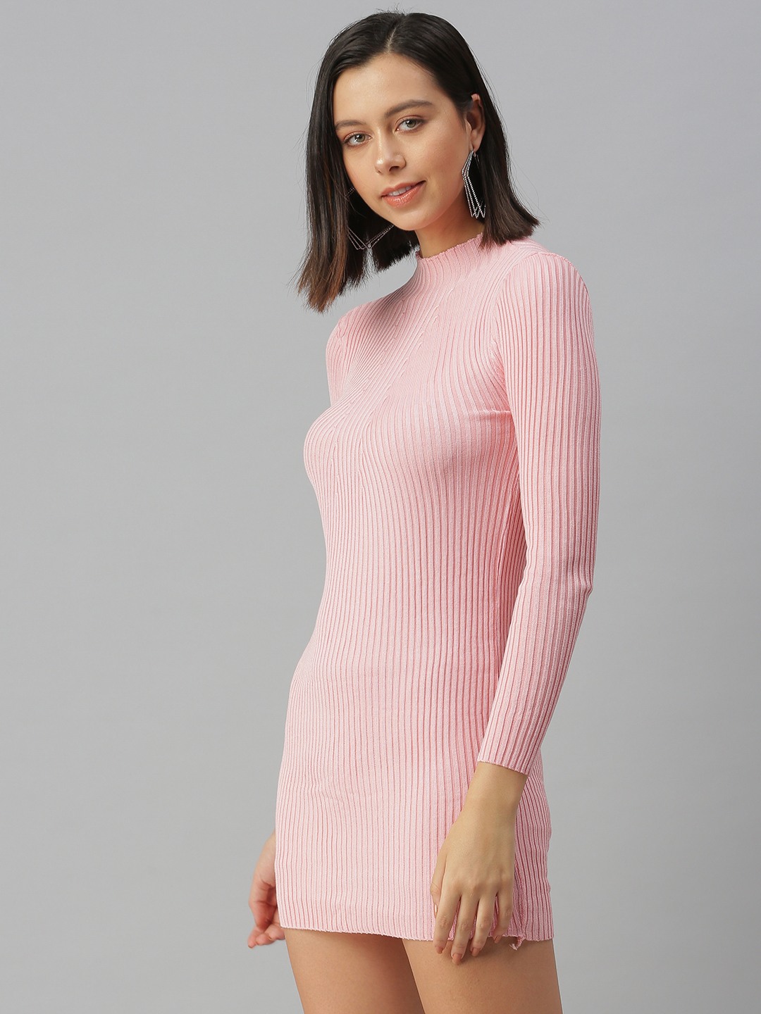 SHOWOFF Women Pink Solid High Neck Full Sleeves Above Knee Bodycon Dress