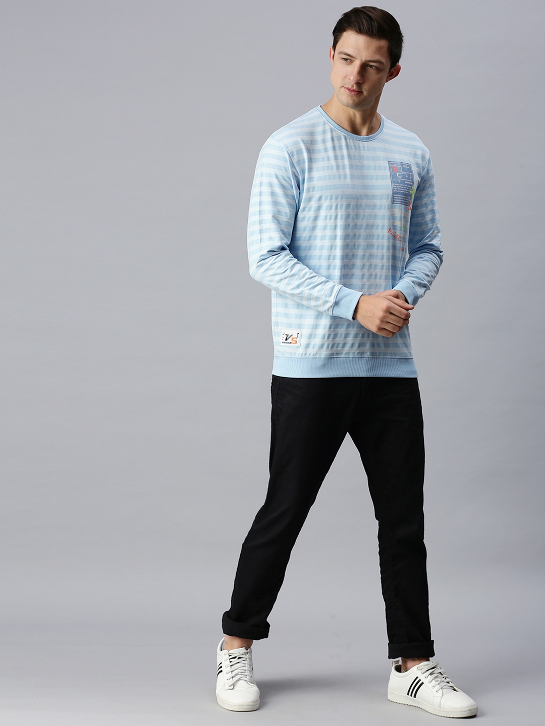 Showoff | SHOWOFF Men Blue Striped Round Neck Full Sleeves Slim Fit Mid Length Sweatshirt 3