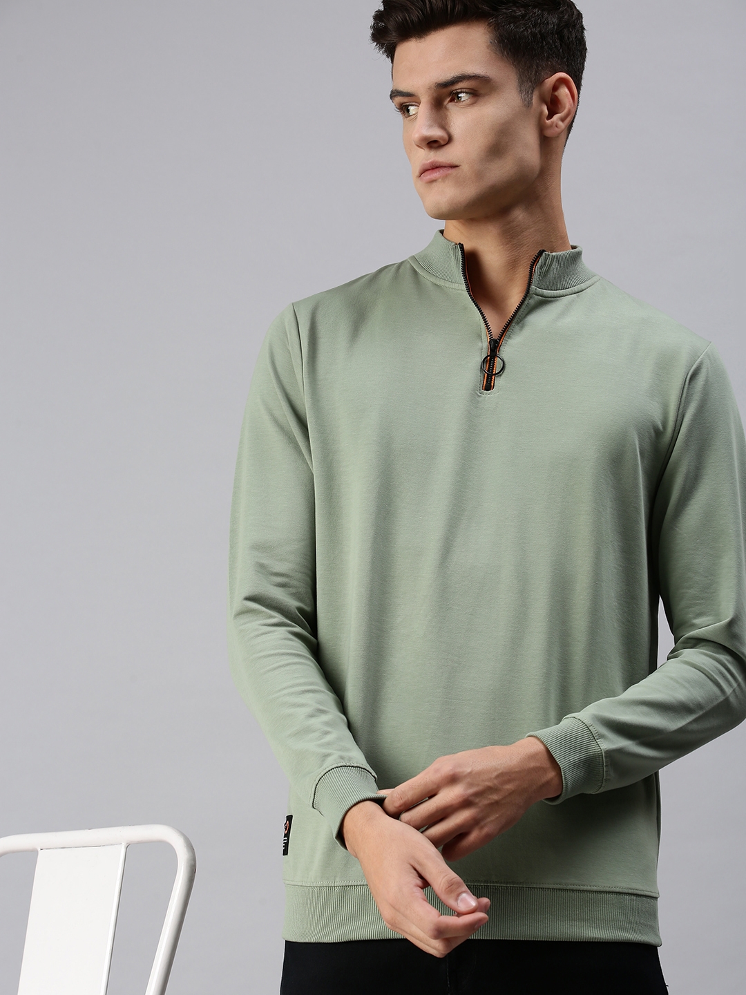 Showoff | SHOWOFF Men Green Solid High Neck Full Sleeves Slim Fit Sweatshirt 0