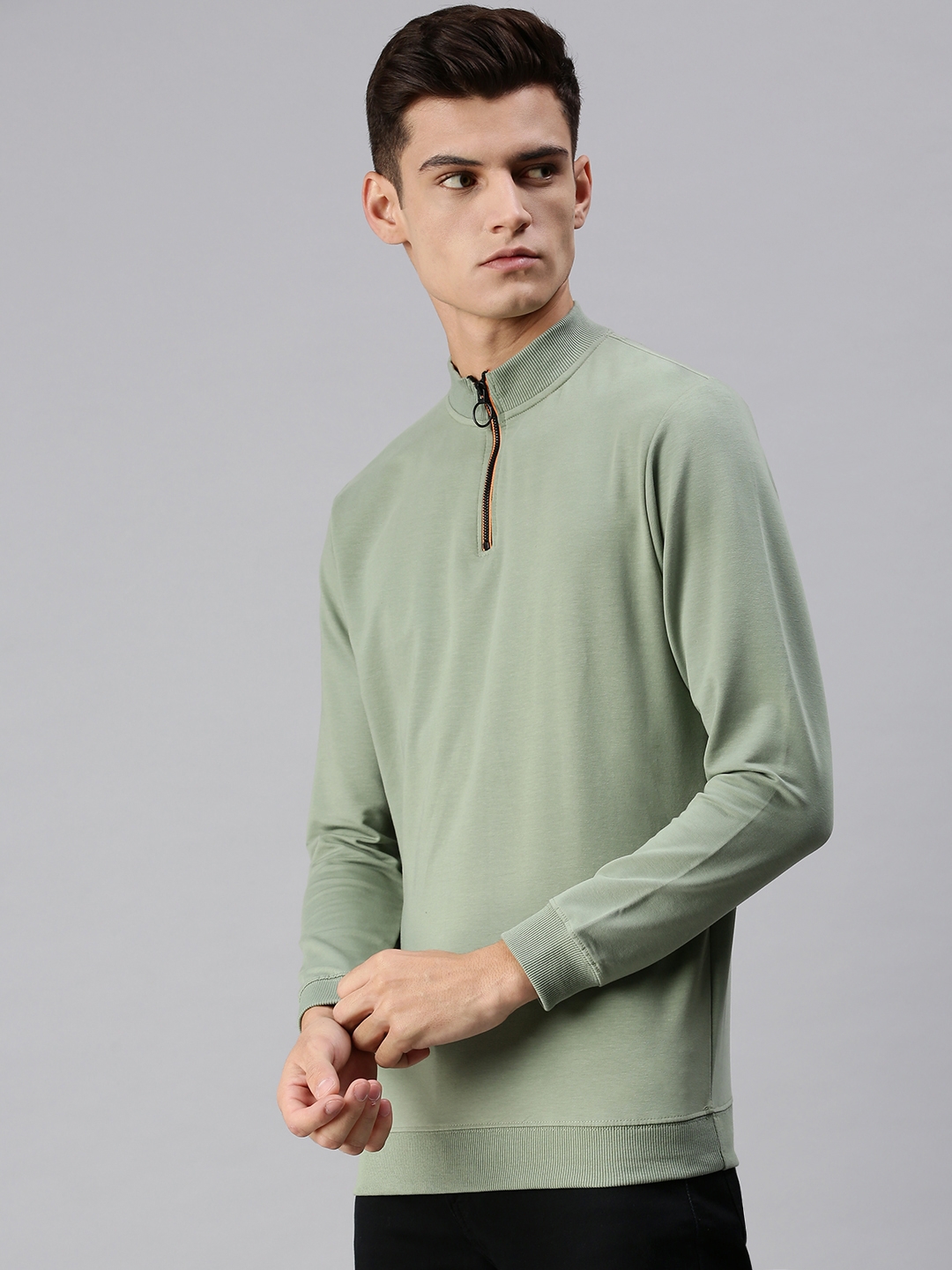 Showoff | SHOWOFF Men Green Solid High Neck Full Sleeves Slim Fit Sweatshirt 1