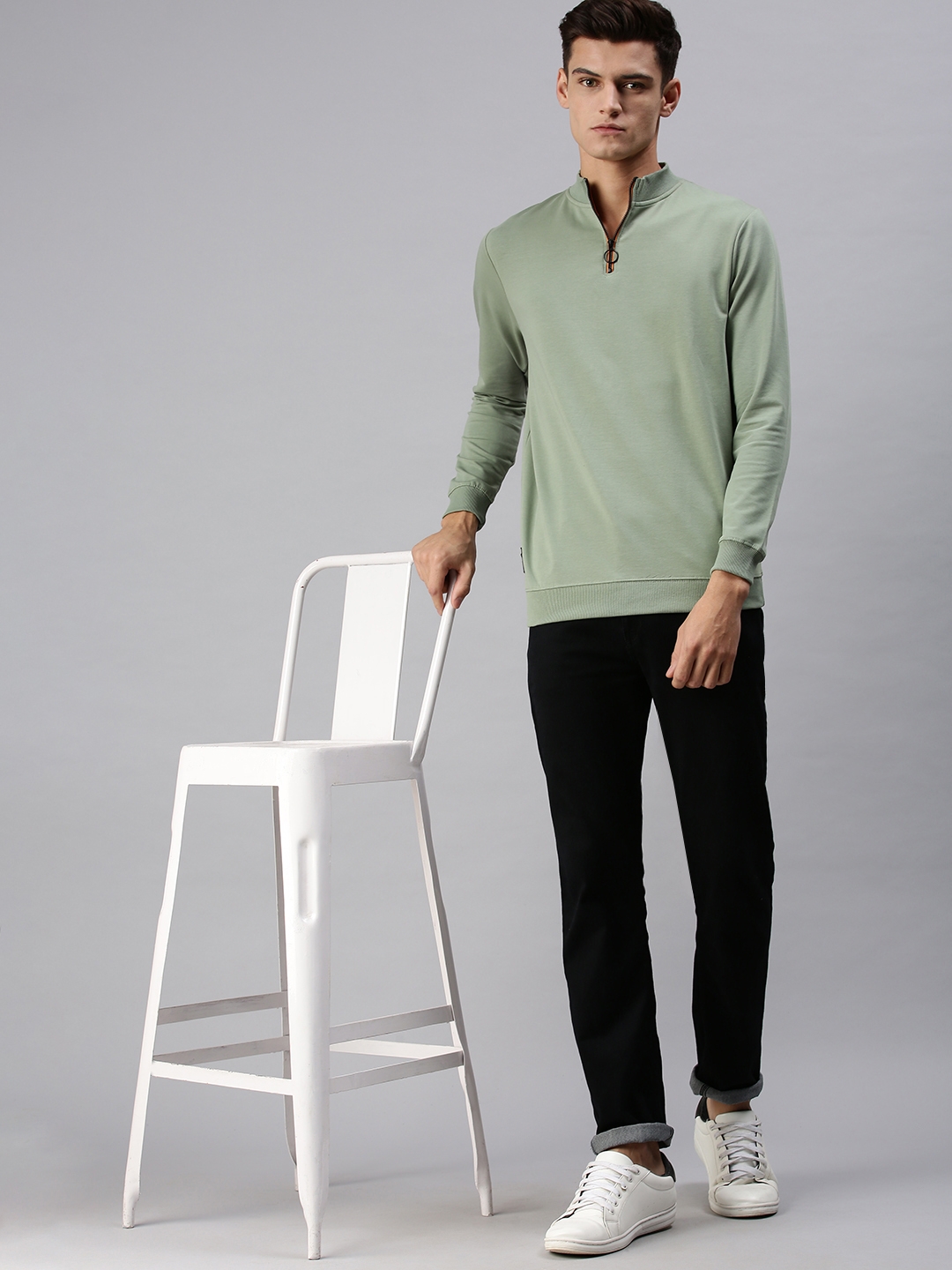 Showoff | SHOWOFF Men Green Solid High Neck Full Sleeves Slim Fit Sweatshirt 3
