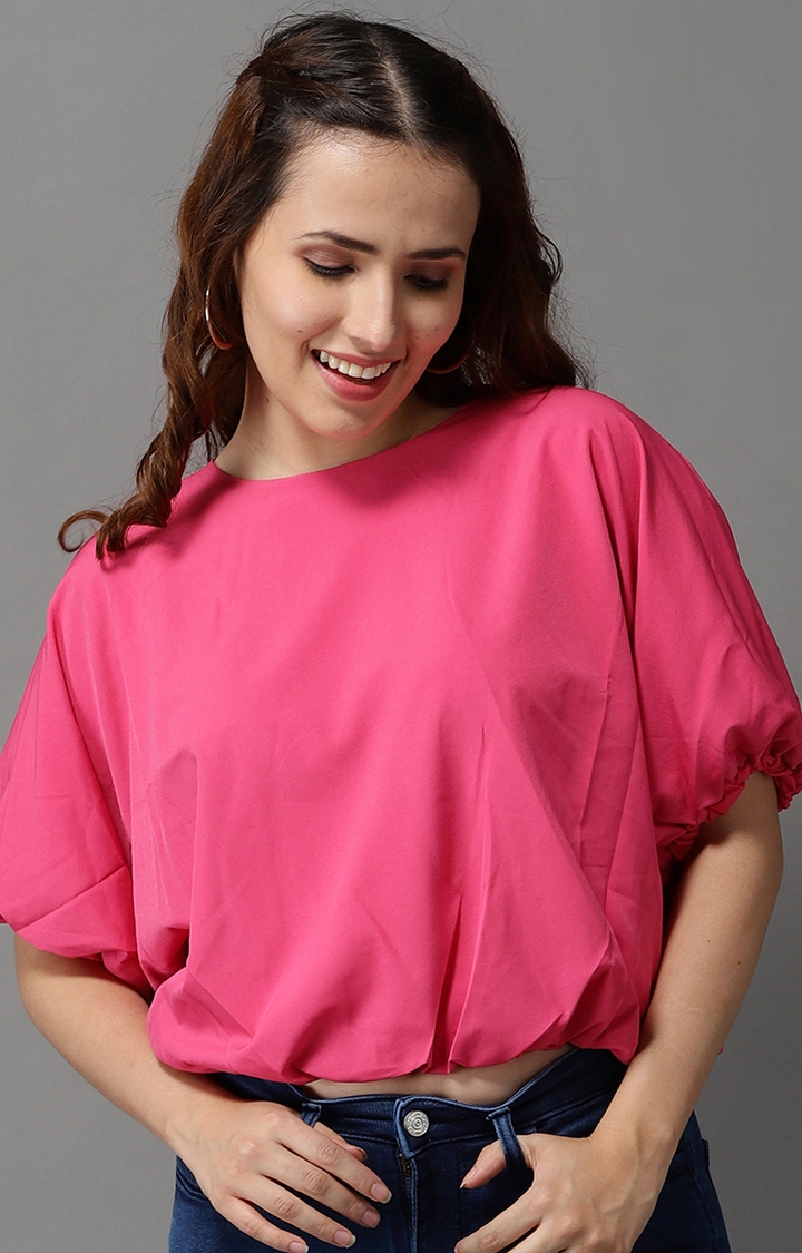 Showoff | SHOWOFF Women Pink Solid Round Neck Short Sleeves Regular Corset Top 0