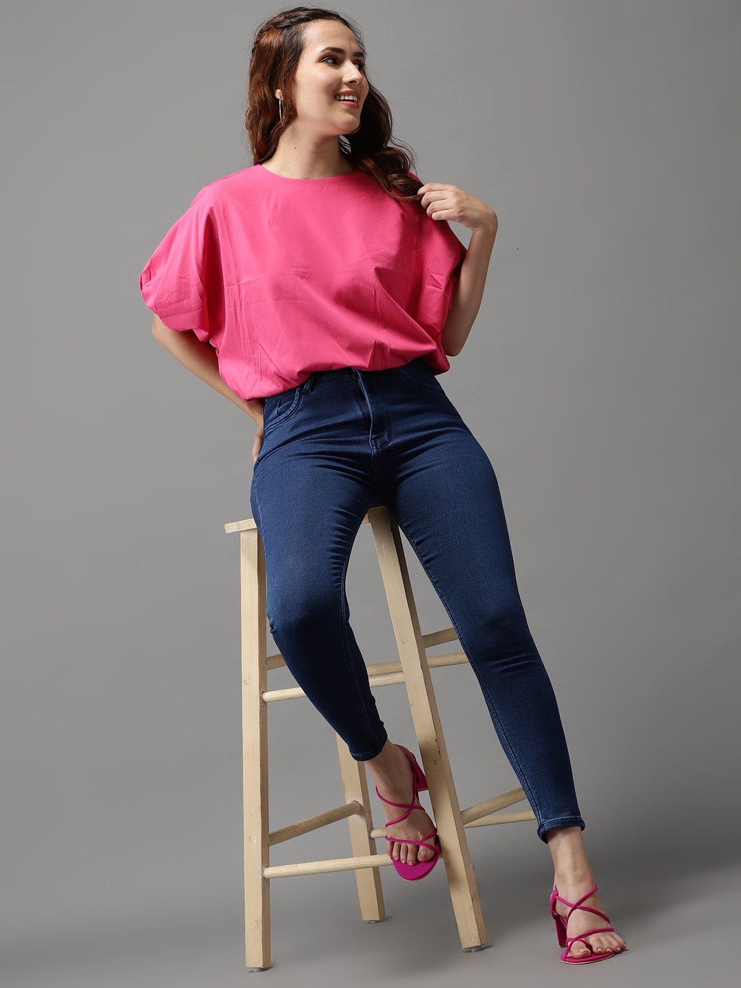 Showoff | SHOWOFF Women Pink Solid Round Neck Short Sleeves Regular Corset Top 3