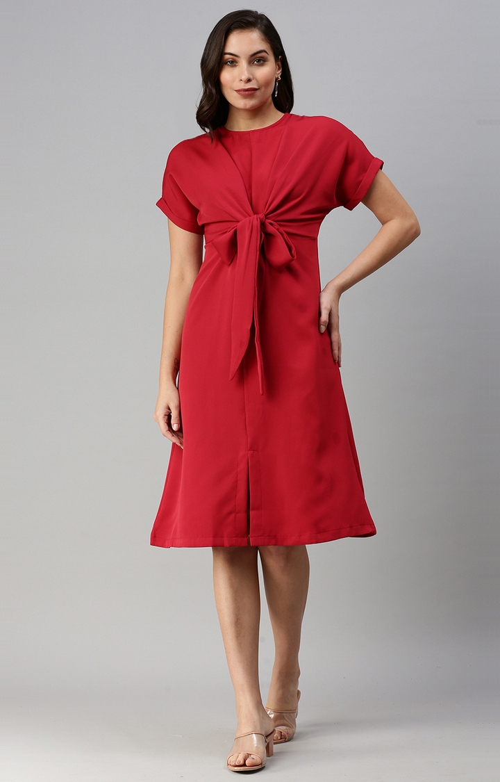Showoff | SHOWOFF Women Red Solid Round Neck Short Sleeves Midi Sheath Dress 0