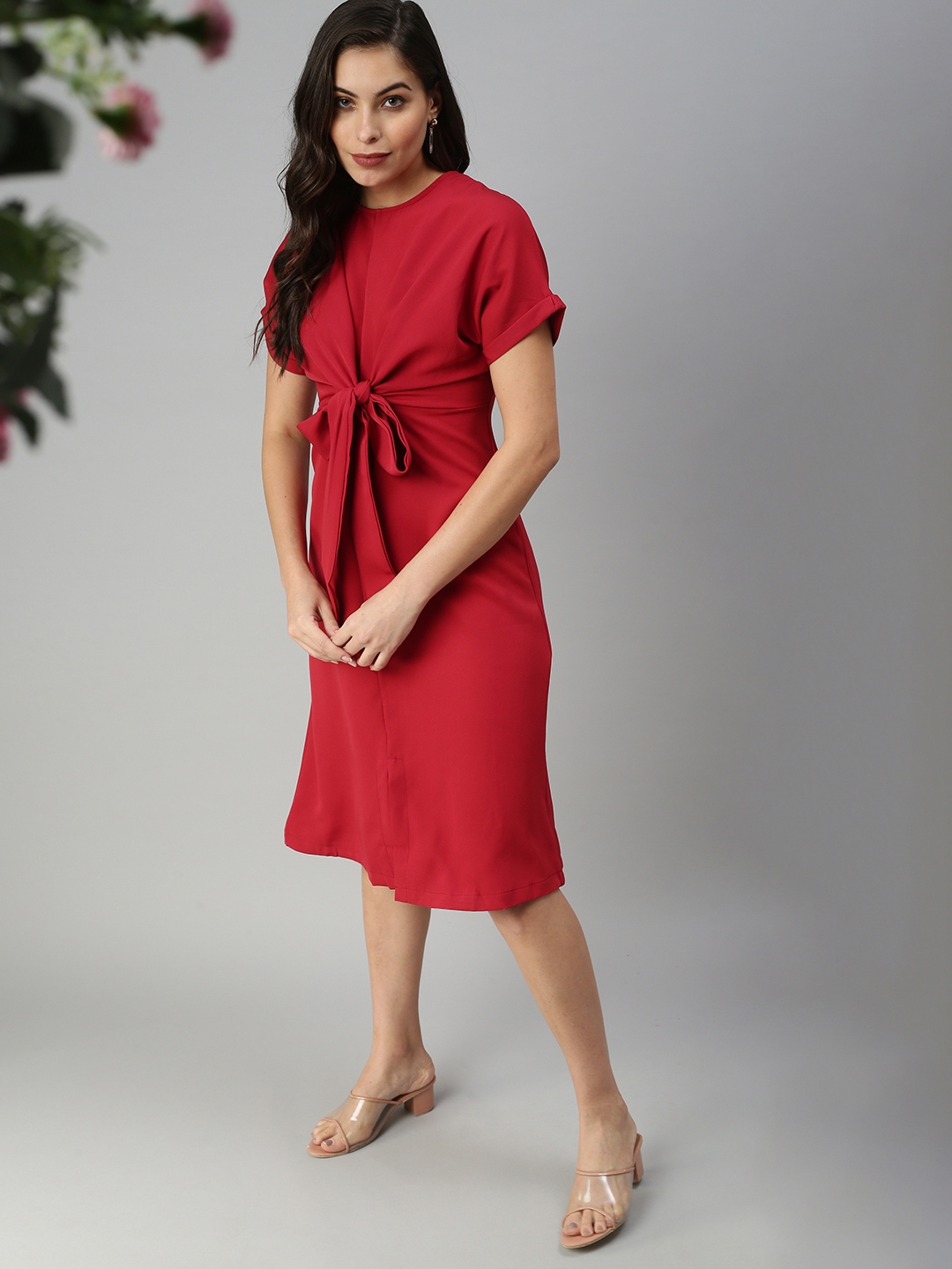 Showoff | SHOWOFF Women Red Solid Round Neck Short Sleeves Midi Sheath Dress 4