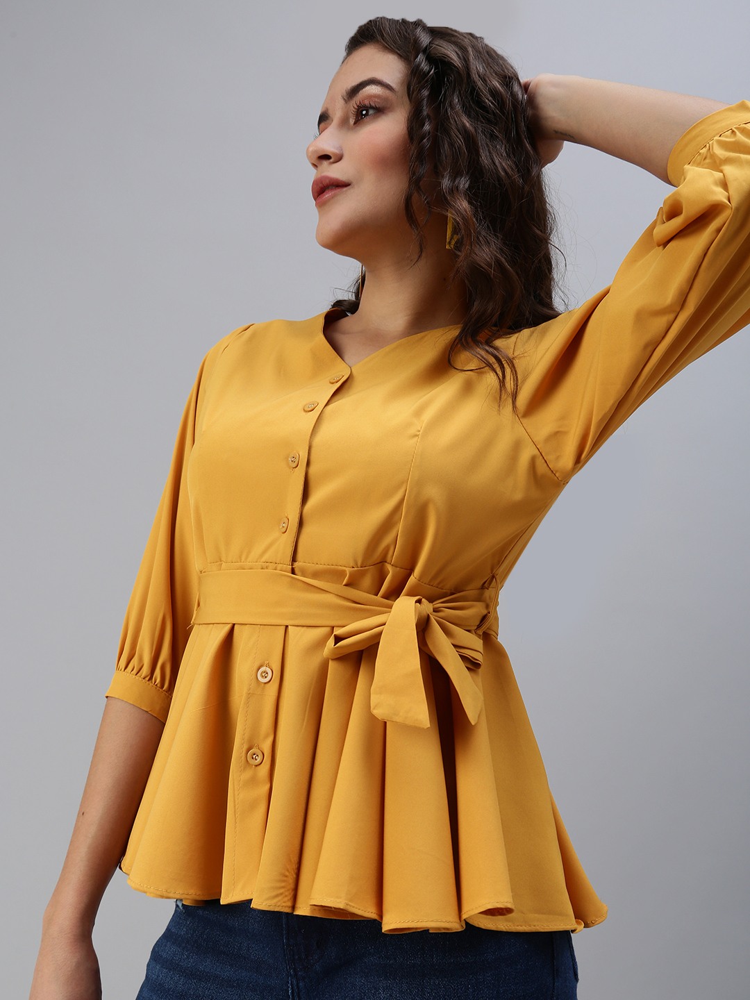 SHOWOFF Women Mustard Solid V Neck Three-Quarter Sleeves Regular Peplum Top