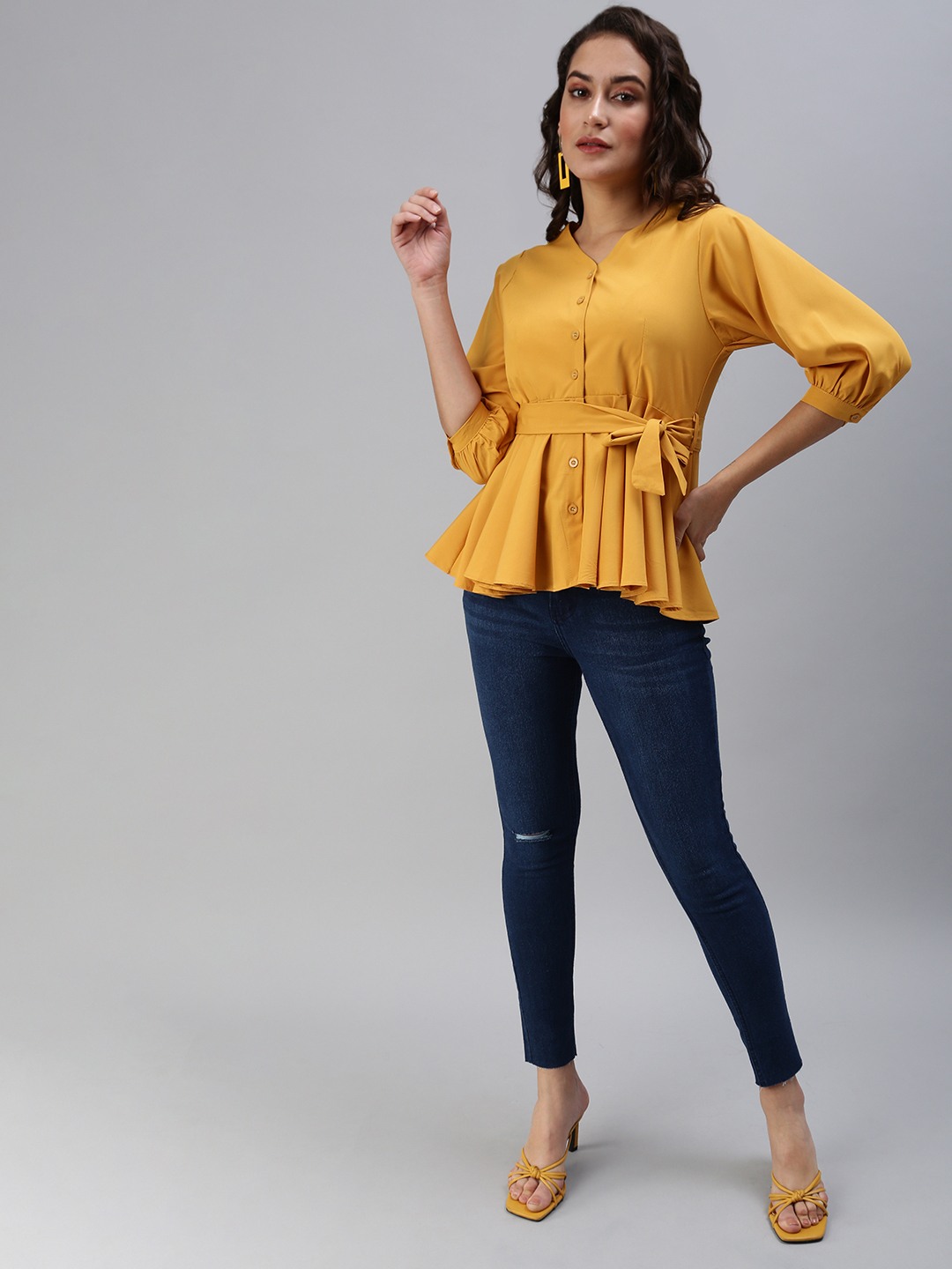 SHOWOFF Women Mustard Solid V Neck Three-Quarter Sleeves Regular Peplum Top