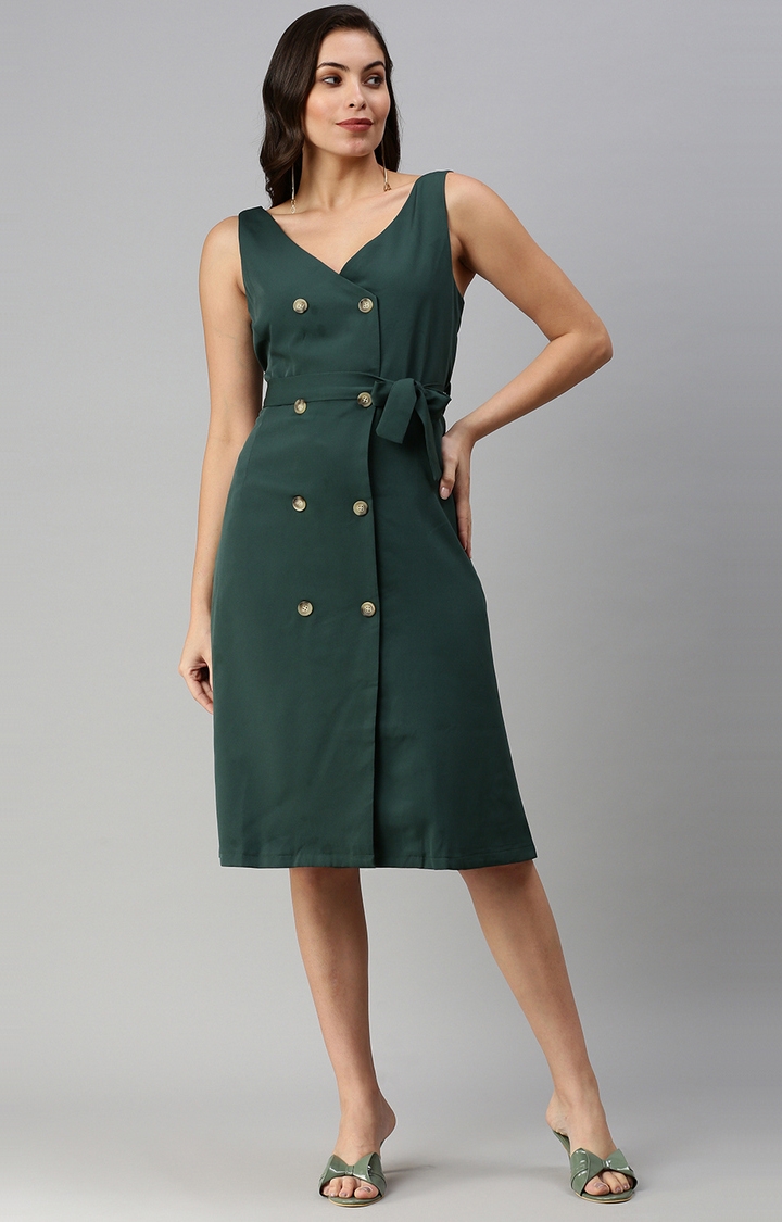 Showoff | SHOWOFF Women Green Solid V Neck Sleeveless Midi Shirt Dress 0