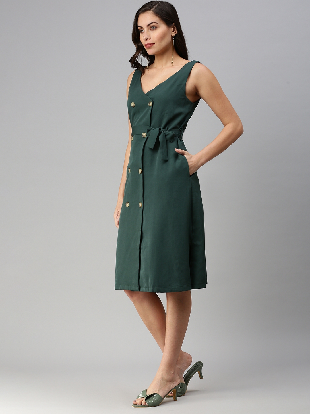 Showoff | SHOWOFF Women Green Solid V Neck Sleeveless Midi Shirt Dress 2
