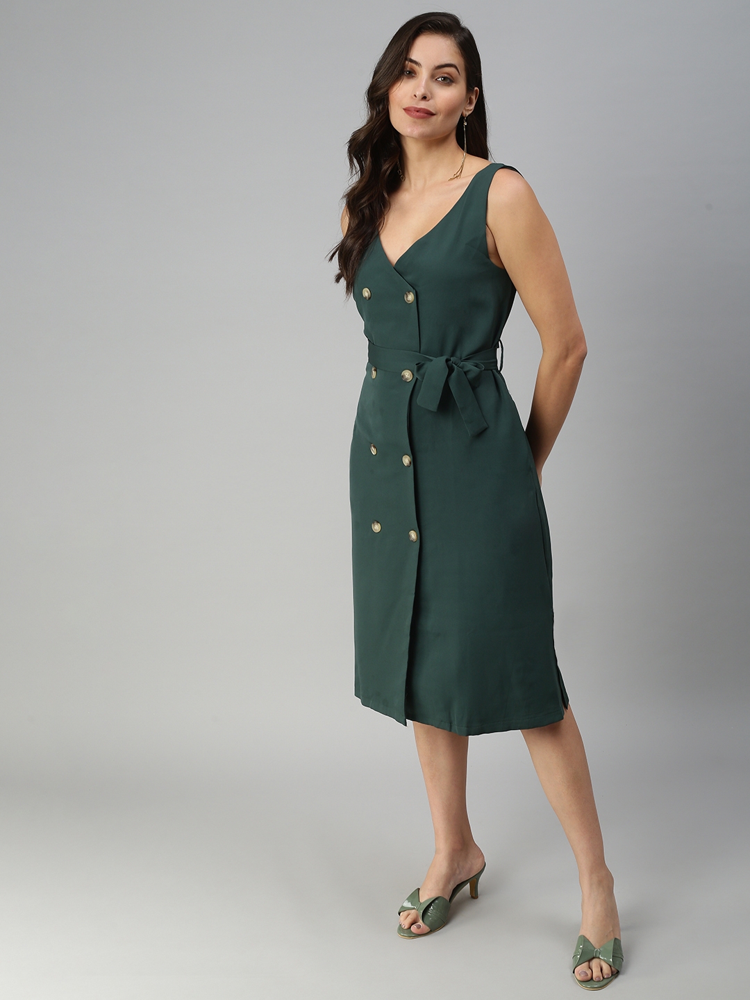 Showoff | SHOWOFF Women Green Solid V Neck Sleeveless Midi Shirt Dress 4