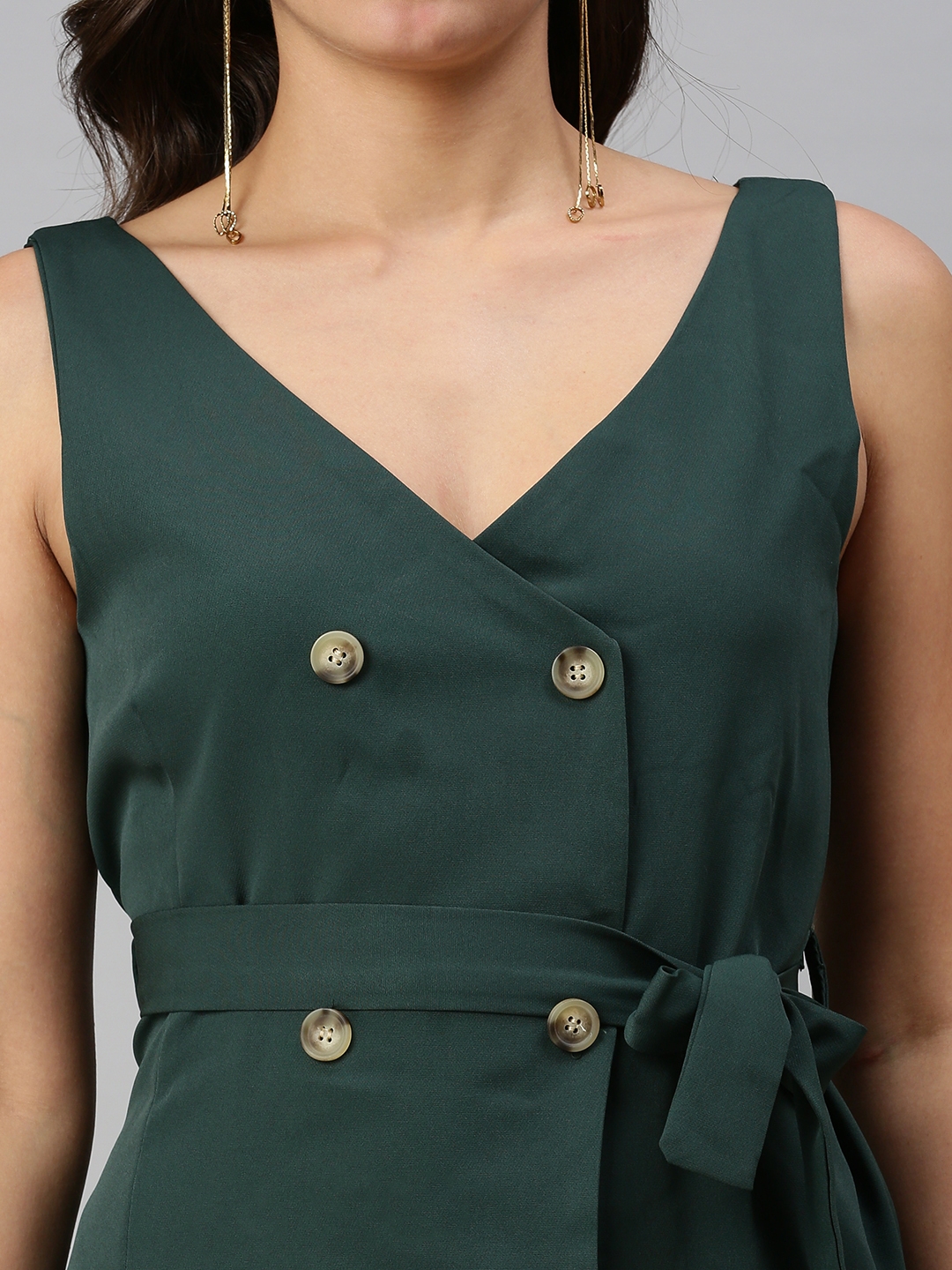 Showoff | SHOWOFF Women Green Solid V Neck Sleeveless Midi Shirt Dress 5