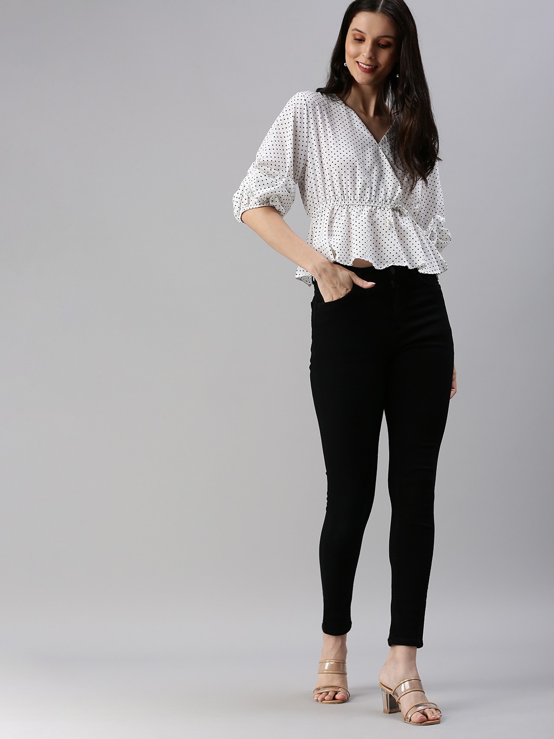 SHOWOFF Women White Printed V Neck Three-Quarter Sleeves Regular Peplum Top