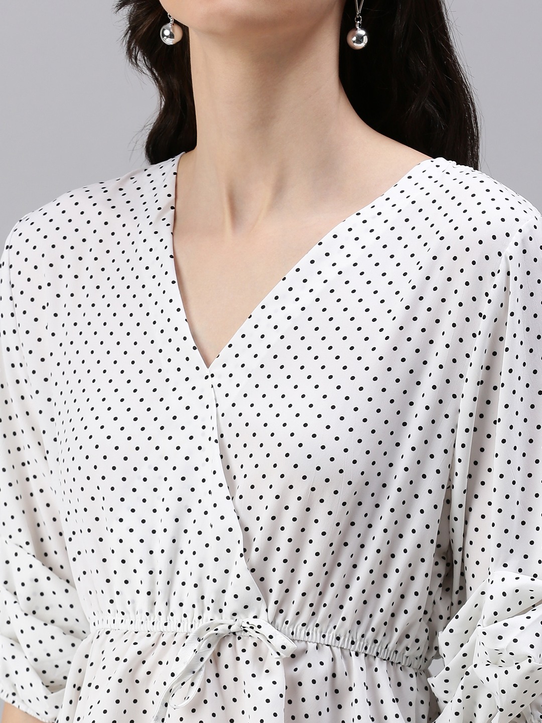 SHOWOFF Women White Printed V Neck Three-Quarter Sleeves Regular Peplum Top