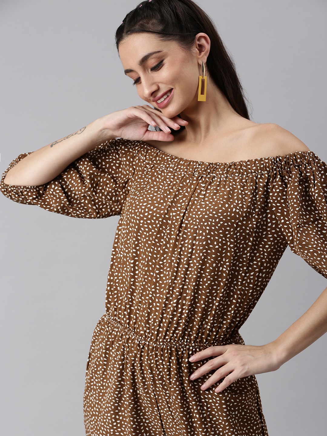 SHOWOFF Women Brown Printed Off-Shoulder Short Sleeves Basic Jumpsuit