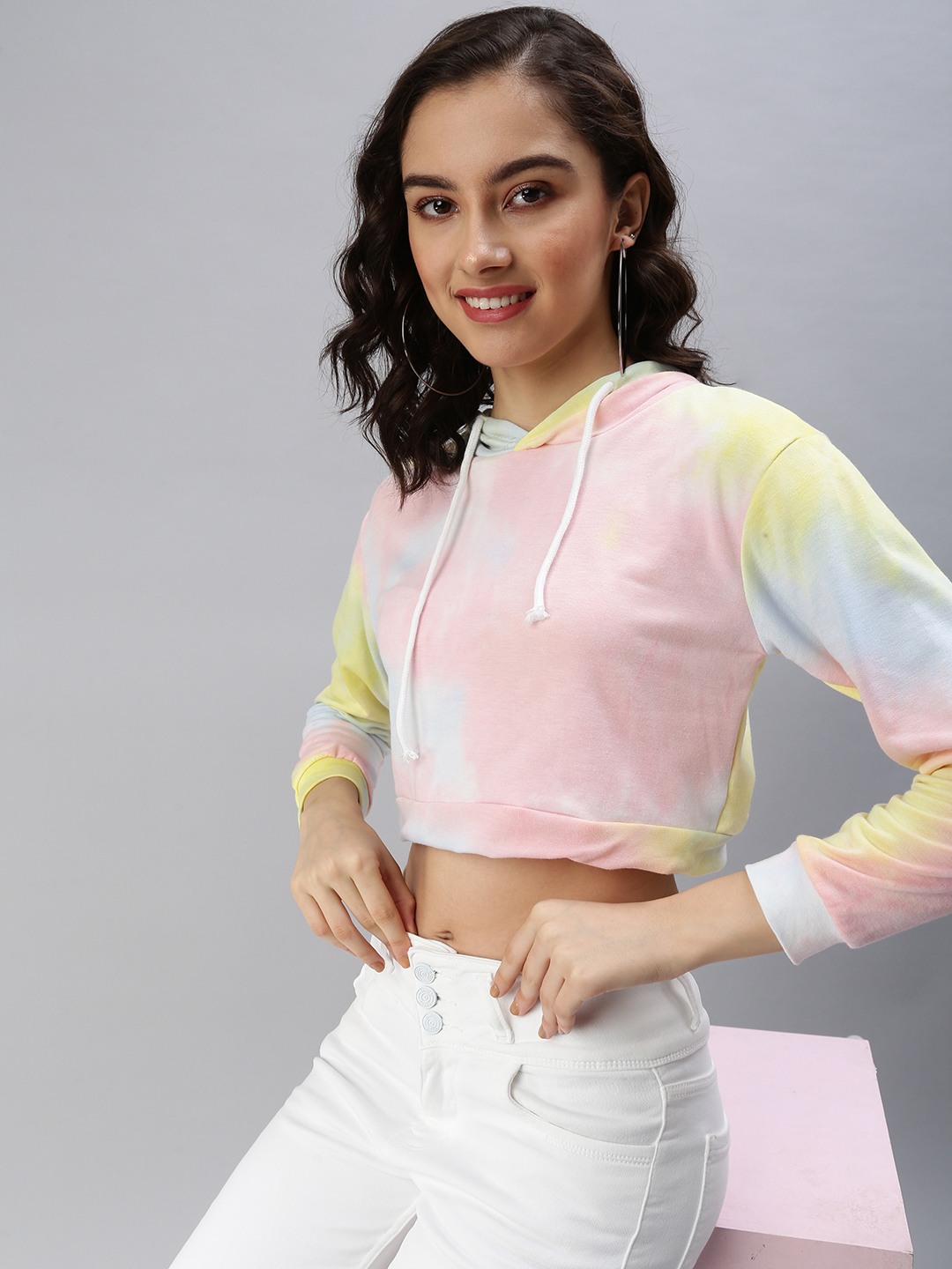 SHOWOFF Women Multi Dyed Hooded Full Sleeves Crop Top