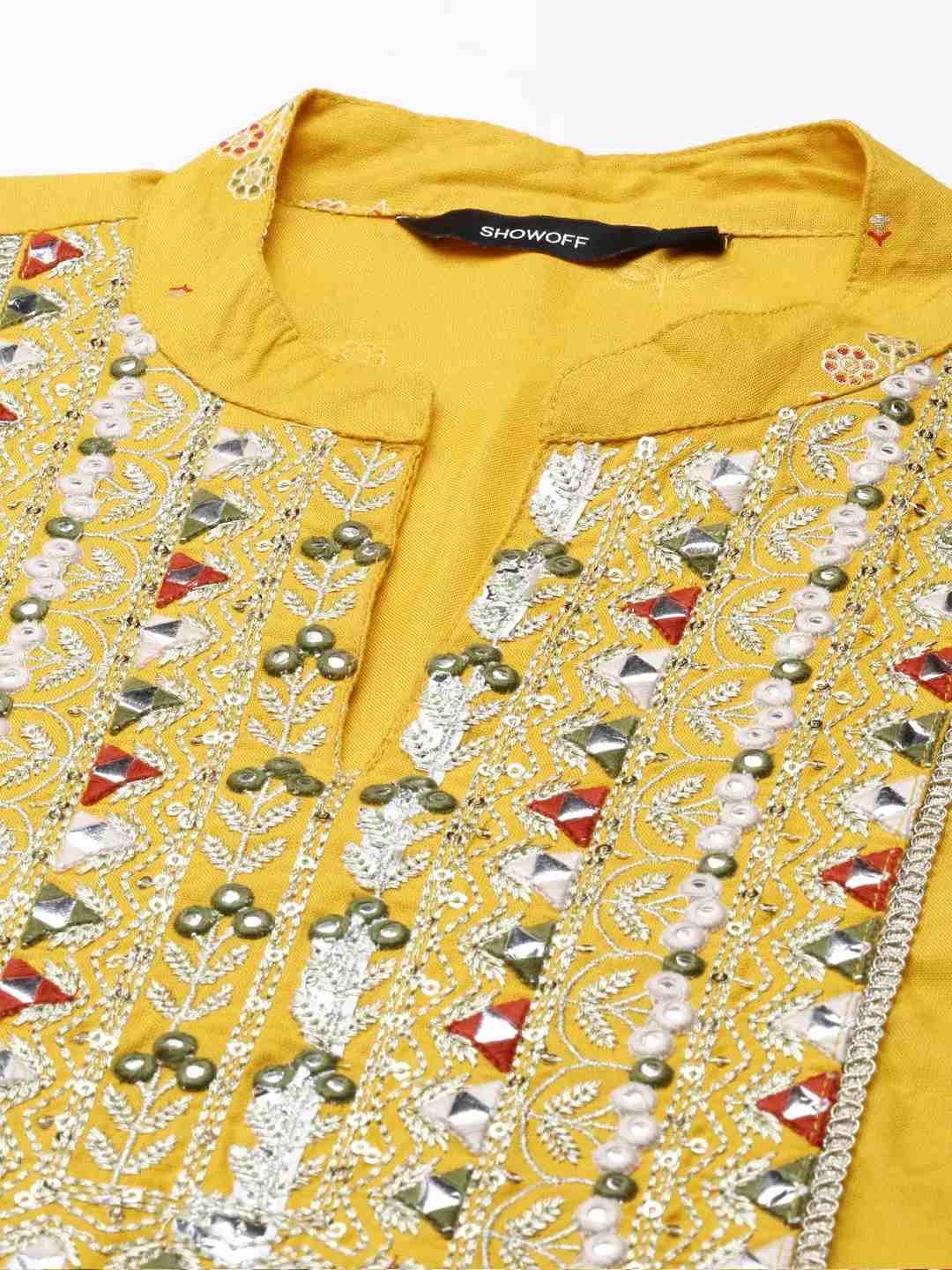 SHOWOFF Women Yellow Printed Mandarin Collar Three-Quarter Sleeves Mid Length Anarkali Kurta Set