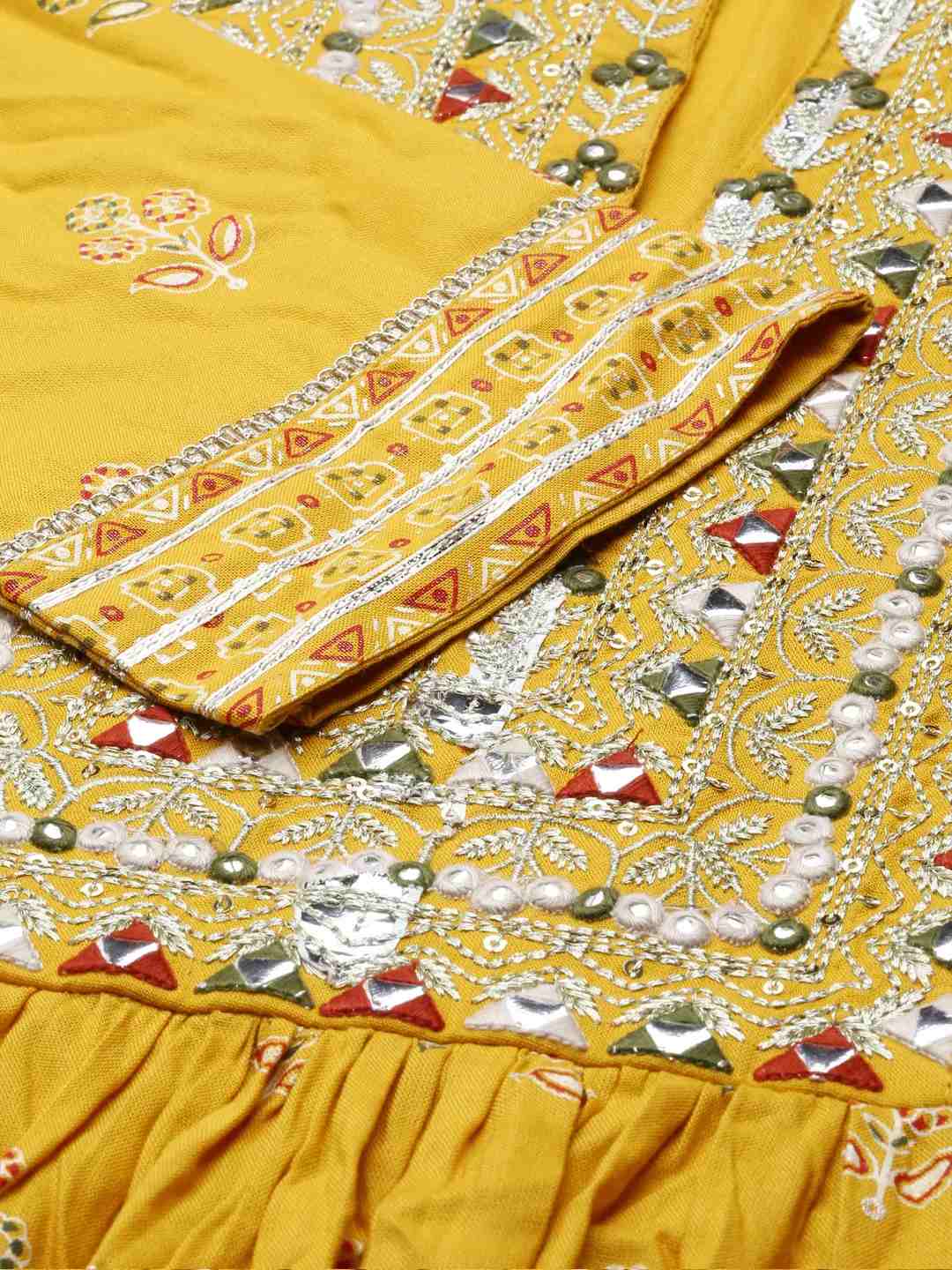 SHOWOFF Women Yellow Printed Mandarin Collar Three-Quarter Sleeves Mid Length Anarkali Kurta Set
