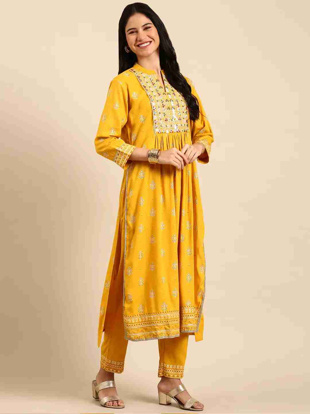 SHOWOFF Women Yellow Printed Mandarin Collar Three-Quarter Sleeves Mid Length Anarkali Kurta Set