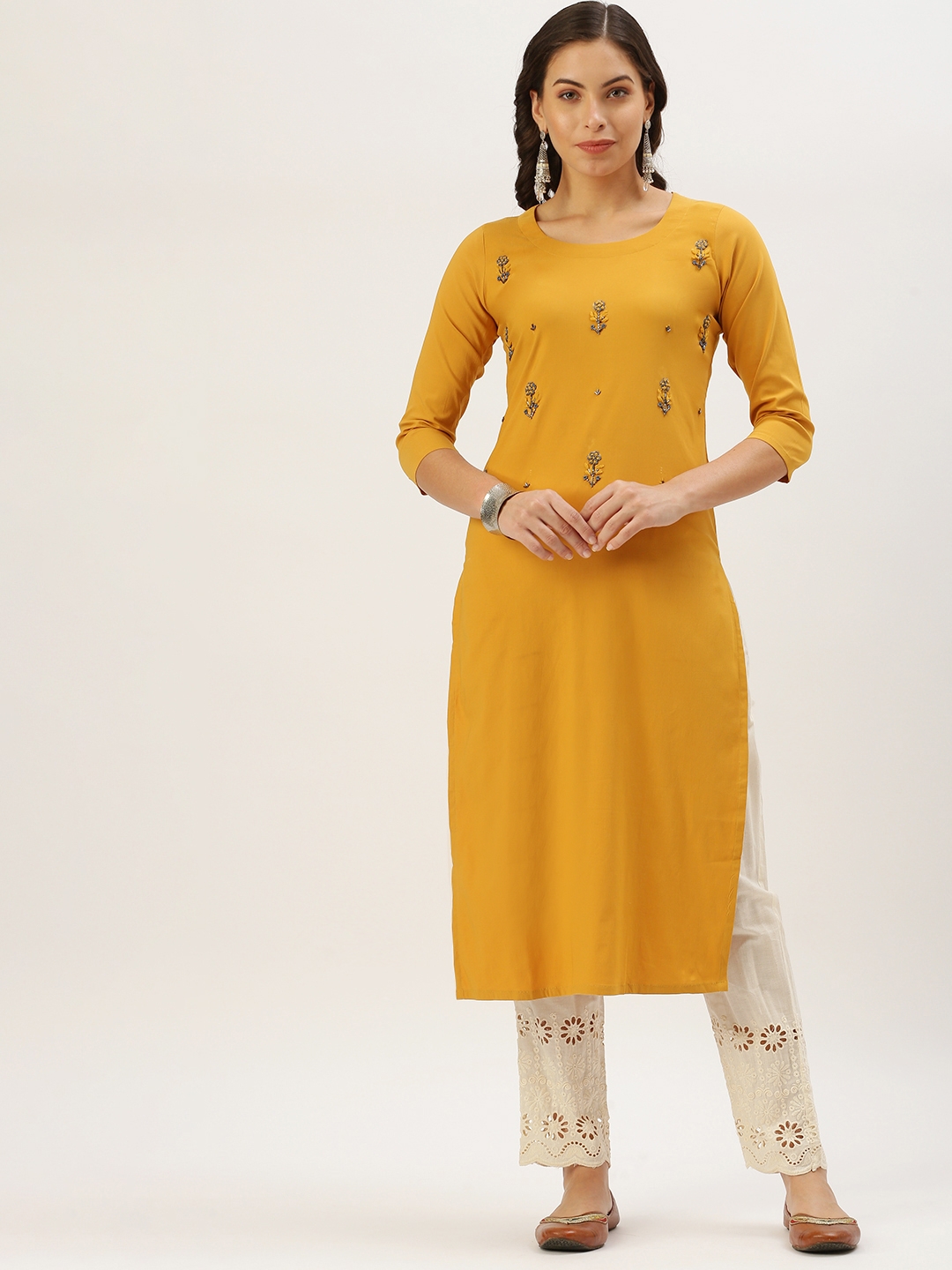 Showoff | SHOWOFF Women Mustard Embellished Round Neck Three-Quarter Sleeves Mid Length Straight Kurta Set 1