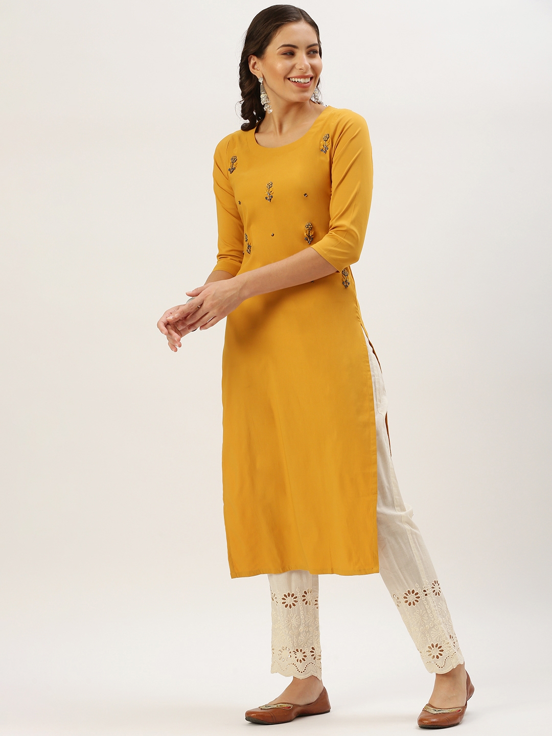 Showoff | SHOWOFF Women Mustard Embellished Round Neck Three-Quarter Sleeves Mid Length Straight Kurta Set 2