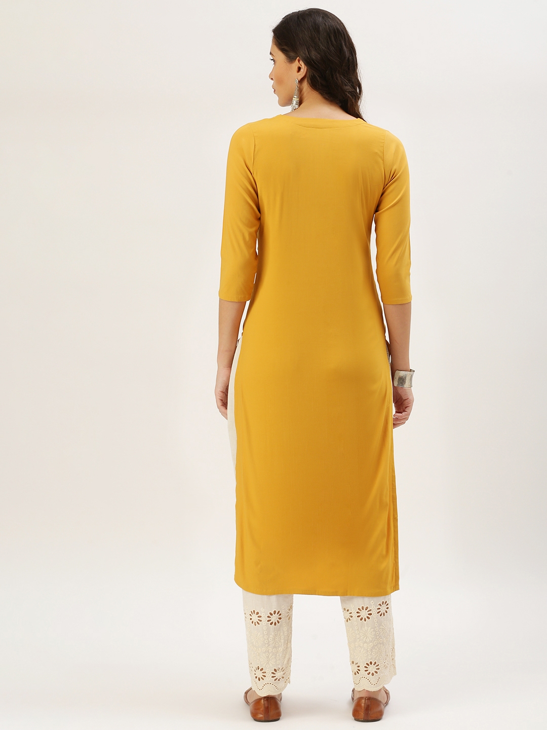 Showoff | SHOWOFF Women Mustard Embellished Round Neck Three-Quarter Sleeves Mid Length Straight Kurta Set 3