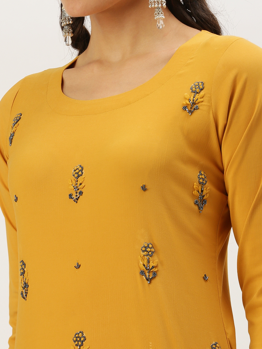 Showoff | SHOWOFF Women Mustard Embellished Round Neck Three-Quarter Sleeves Mid Length Straight Kurta Set 5