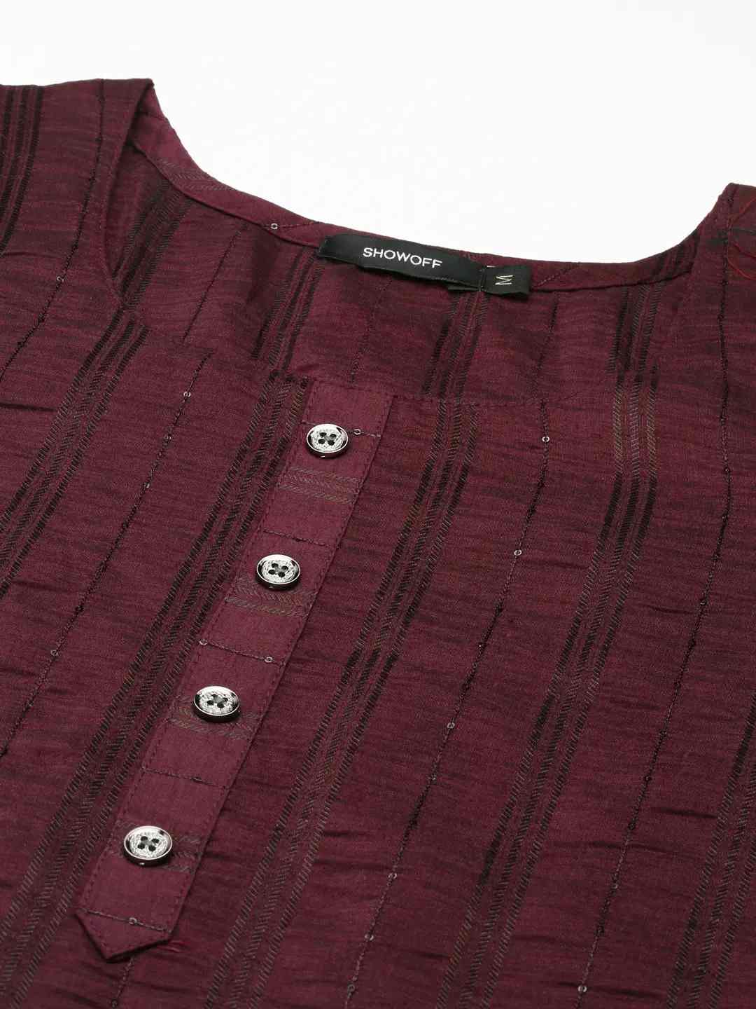 SHOWOFF Women Violet Embellished Round Neck Three-Quarter Sleeves Mid Length Straight Kurta
