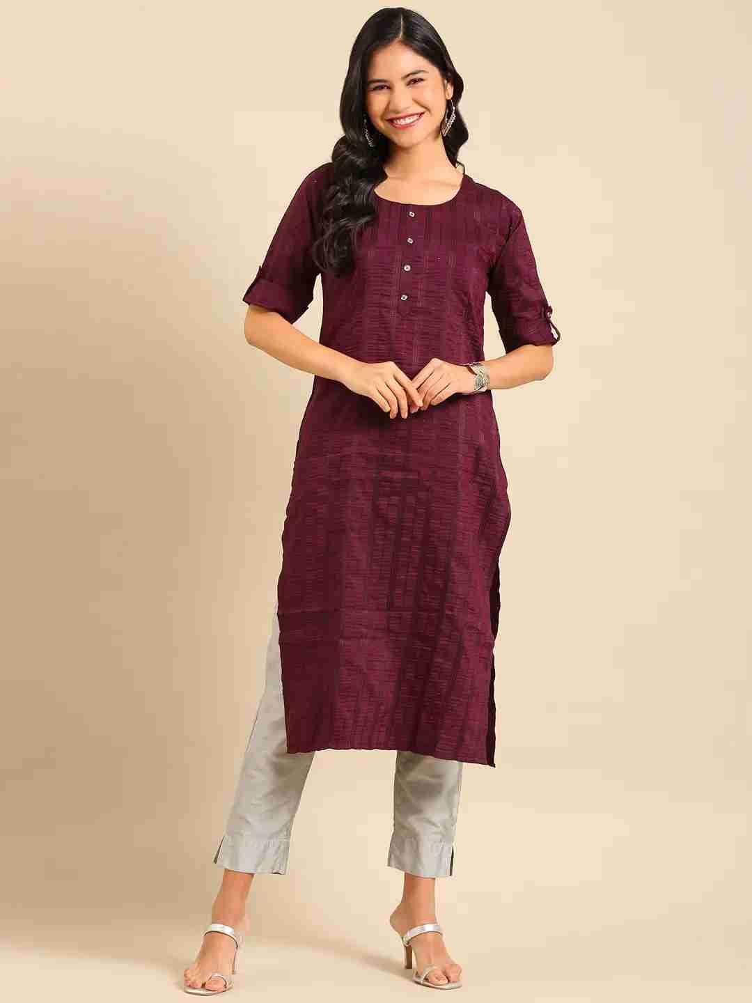 SHOWOFF Women Violet Embellished Round Neck Three-Quarter Sleeves Mid Length Straight Kurta
