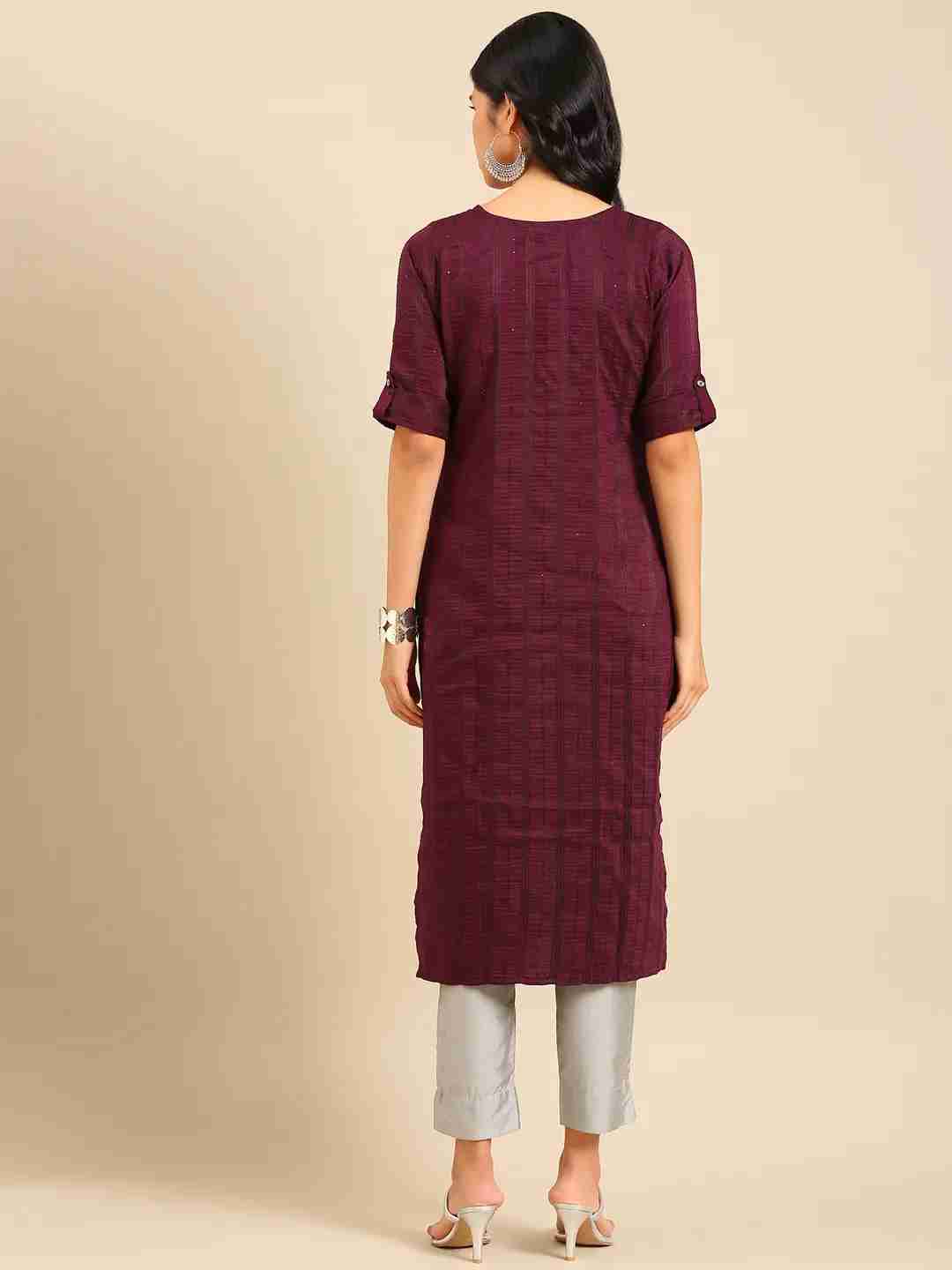 SHOWOFF Women Violet Embellished Round Neck Three-Quarter Sleeves Mid Length Straight Kurta