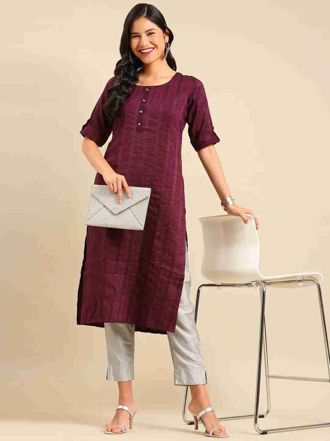 SHOWOFF Women Violet Embellished Round Neck Three-Quarter Sleeves Mid Length Straight Kurta