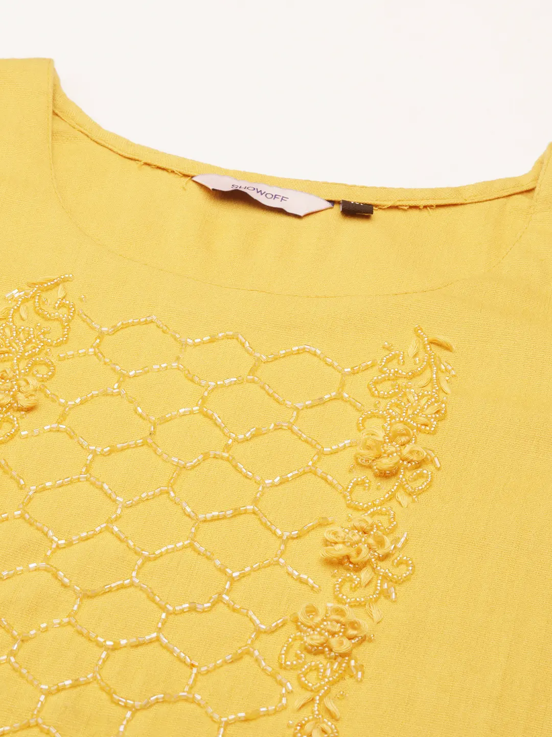 SHOWOFF Women Yellow Solid Round Neck Three-Quarter Sleeves Mid Length Straight Kurta Set