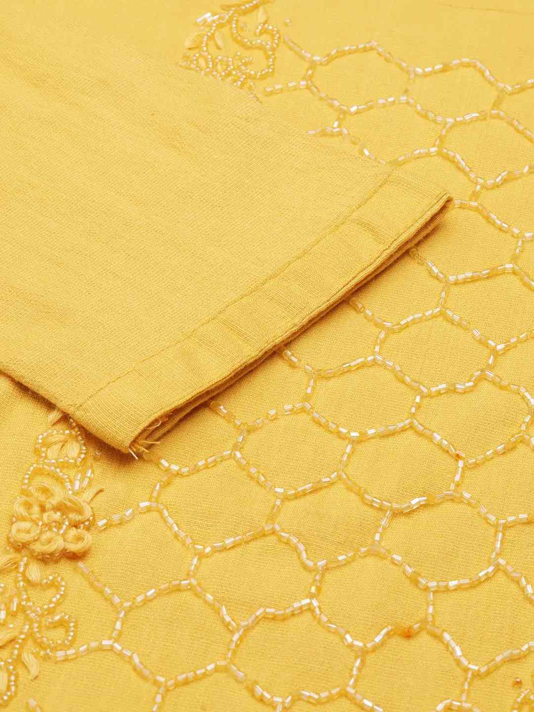 SHOWOFF Women Yellow Solid Round Neck Three-Quarter Sleeves Mid Length Straight Kurta Set