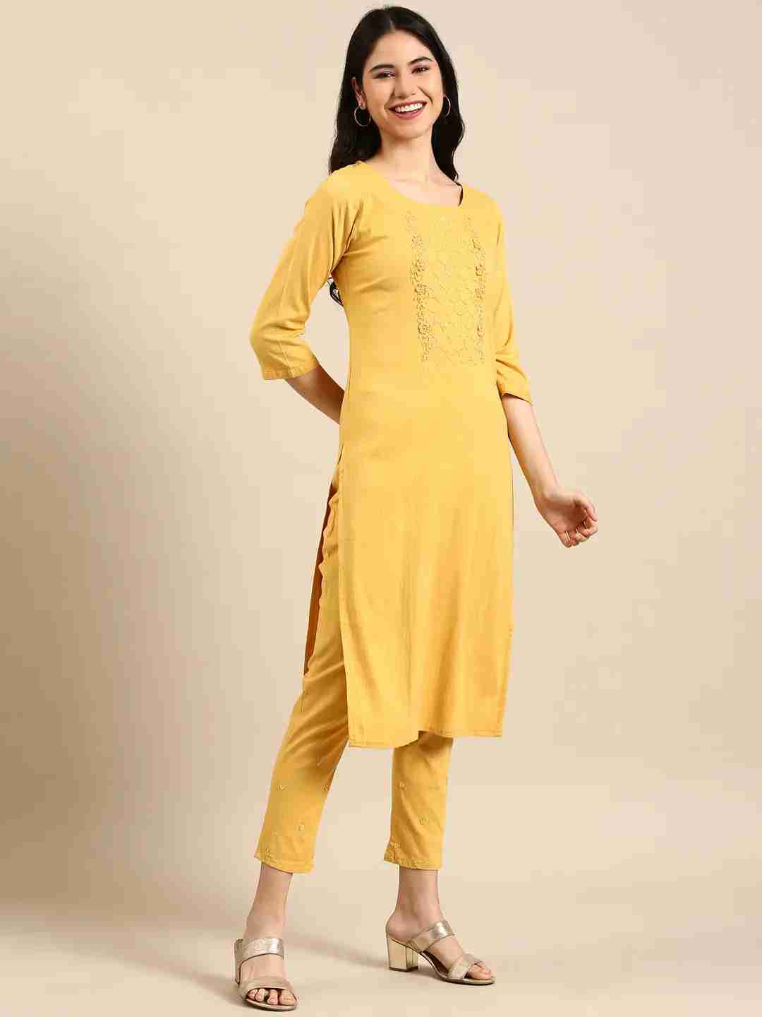 SHOWOFF Women Yellow Solid Round Neck Three-Quarter Sleeves Mid Length Straight Kurta Set