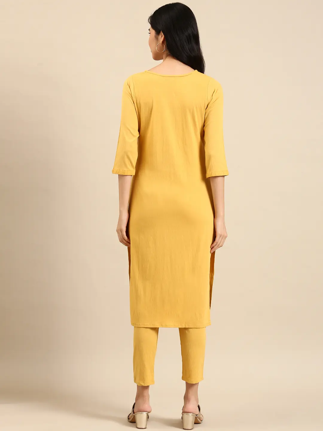 SHOWOFF Women Yellow Solid Round Neck Three-Quarter Sleeves Mid Length Straight Kurta Set