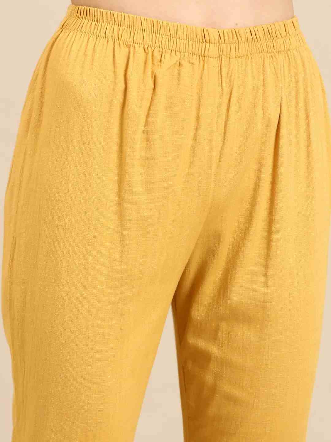 SHOWOFF Women Yellow Solid Round Neck Three-Quarter Sleeves Mid Length Straight Kurta Set