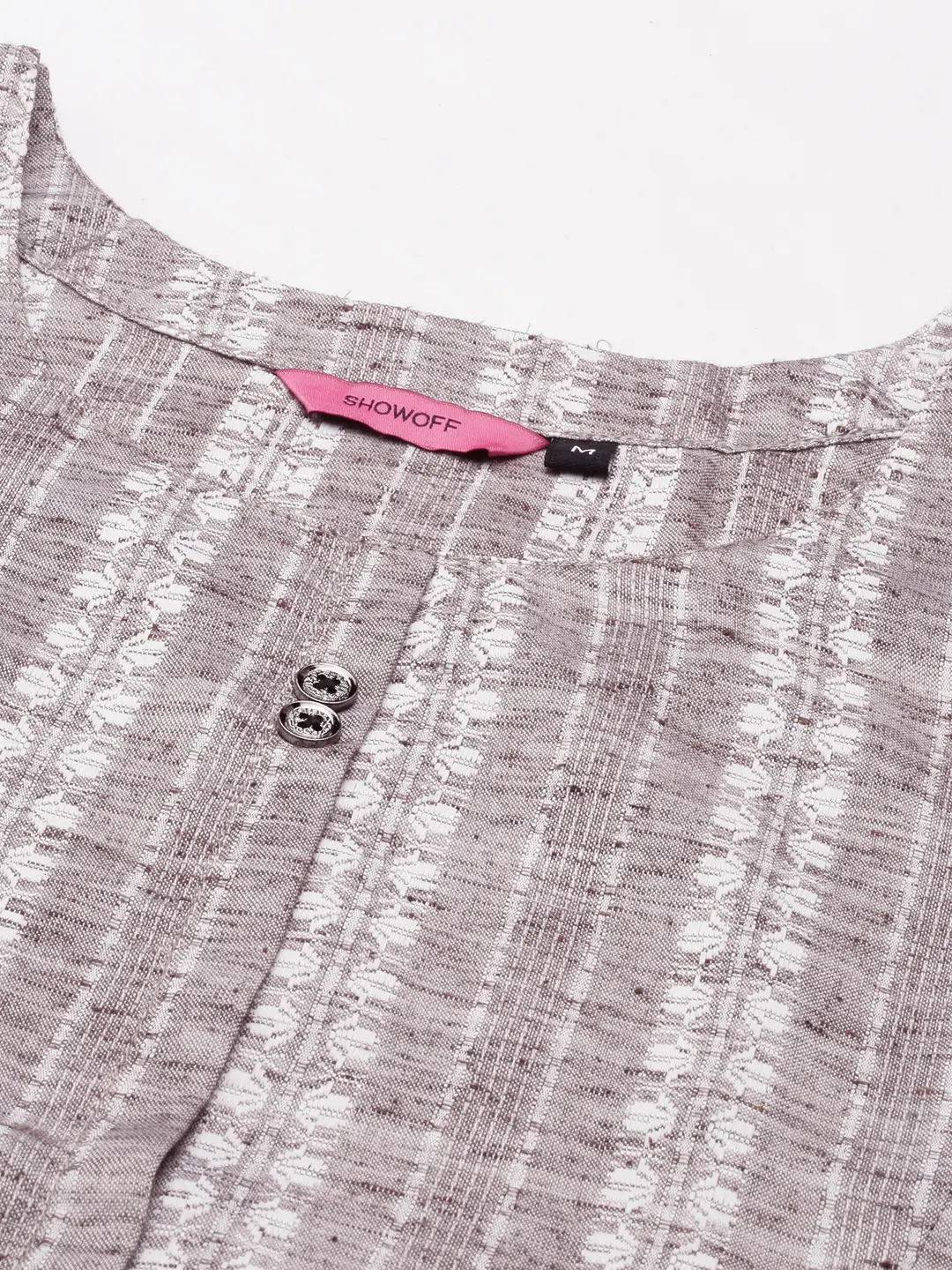 SHOWOFF Women Grey Woven Design Round Neck Three-Quarter Sleeves Mid Length Straight Kurta