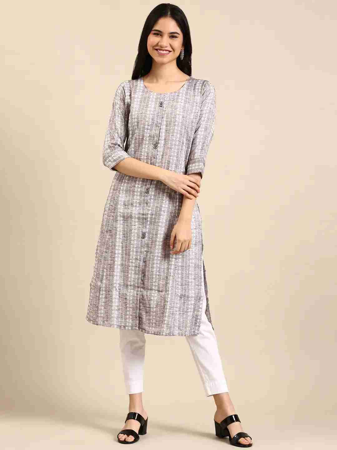 SHOWOFF Women Grey Woven Design Round Neck Three-Quarter Sleeves Mid Length Straight Kurta