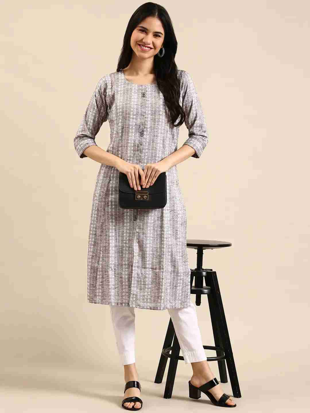 SHOWOFF Women Grey Woven Design Round Neck Three-Quarter Sleeves Mid Length Straight Kurta